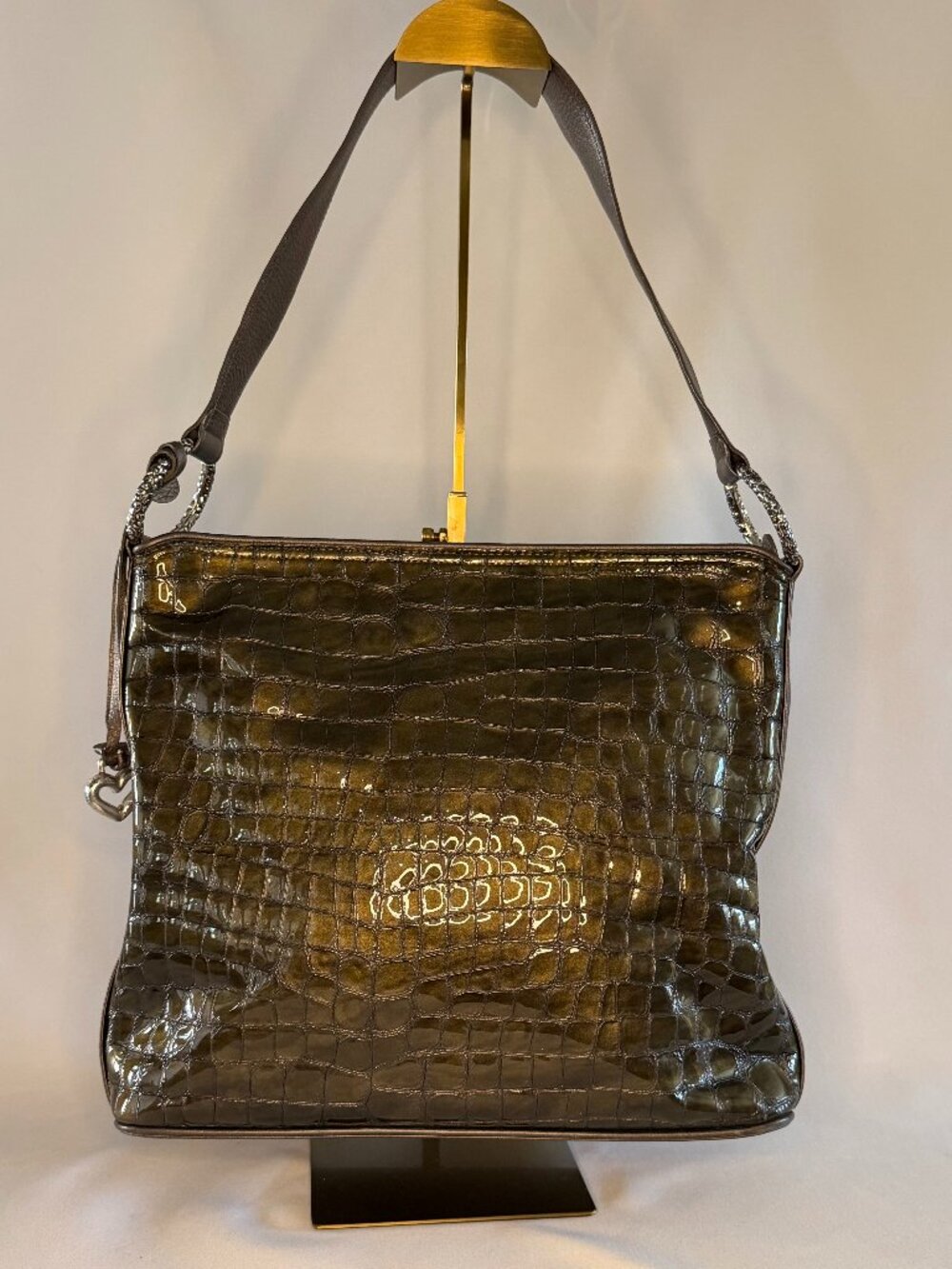 Brighton Croc-Embossed Patent Leather Bronze Shoulder/Hobo Bag